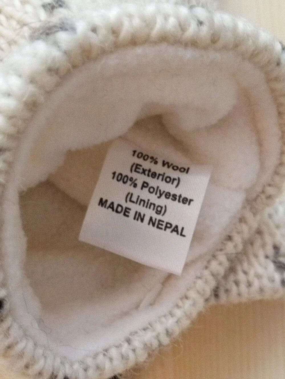 100% Wool Cream Knit Fingerless Mittens Fleece Lined Made In Nepal